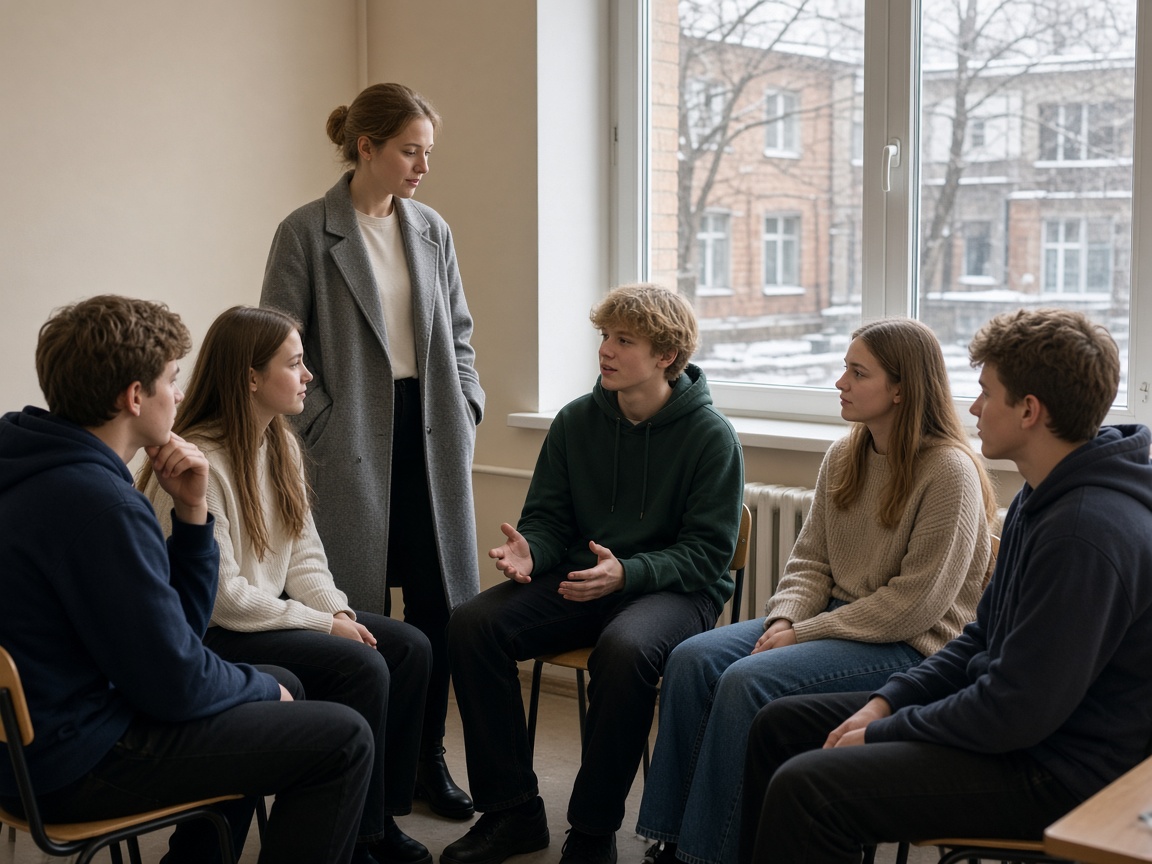 Подростки сидят кругом и говорят, преподавательница стоит рядом